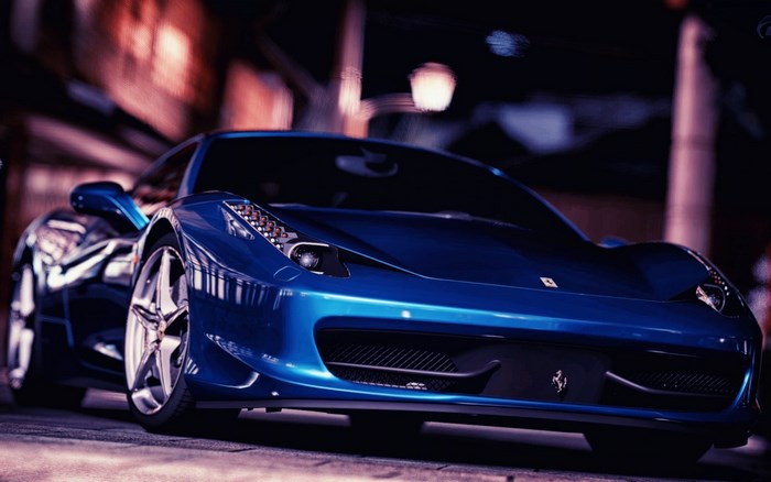 Blue Ferrari 458 Italia parked at night