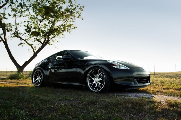 Black Nissan 370Z parked under a tree