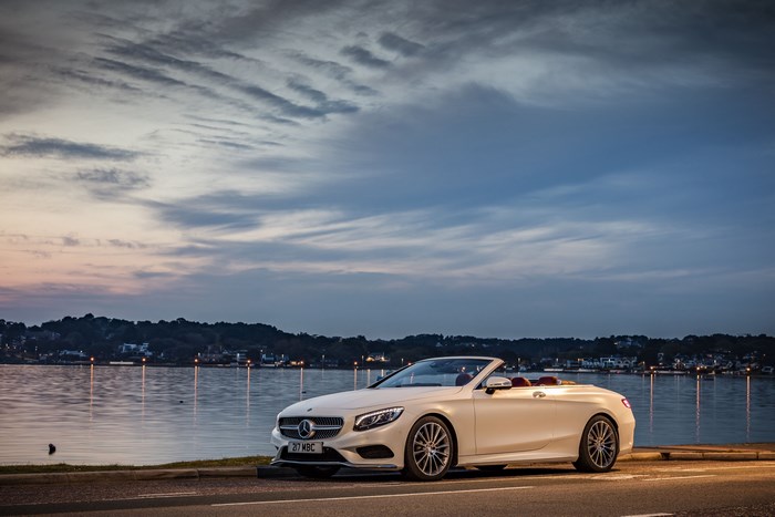White Mercedes-Benz S-Class Convertible by Water