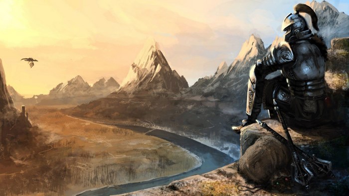 Armored Warrior Overlooking Skyrim Mountain Valley at Sunset