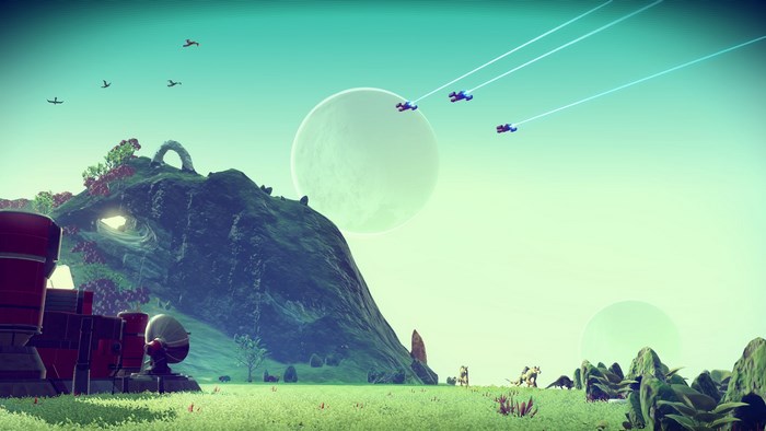 No Man's Sky alien planet landscape with ships