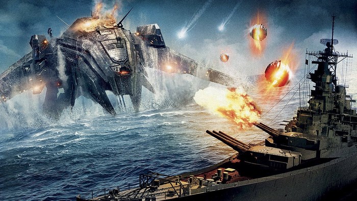 Futuristic Battle Between Warship and Alien Mech