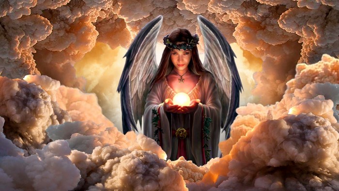 Angel holding a glowing orb in clouds