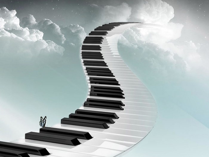 Piano keyboard stairs in the sky with clouds and butterfly