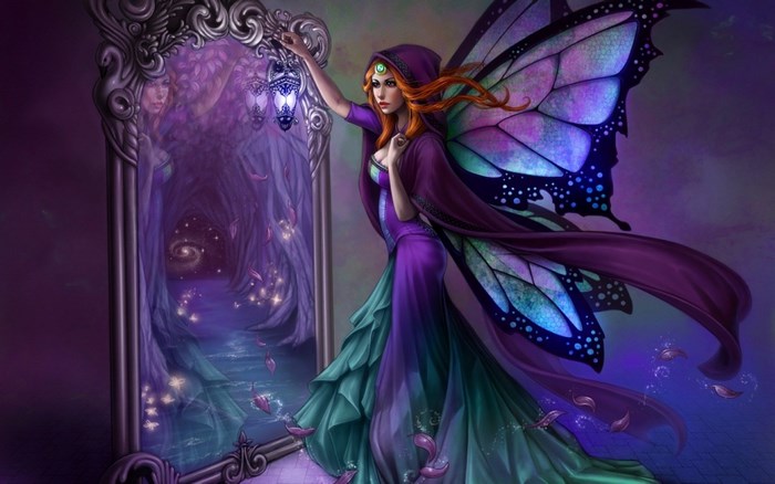 Fairy with butterfly wings holding a lantern in front of a mirror