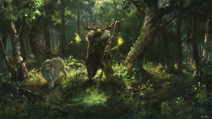 Druid with wolf in a mystical forest