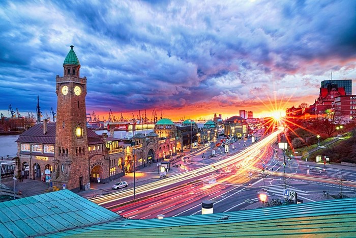 Sunset Over Hamburg Harbor with Light Trails