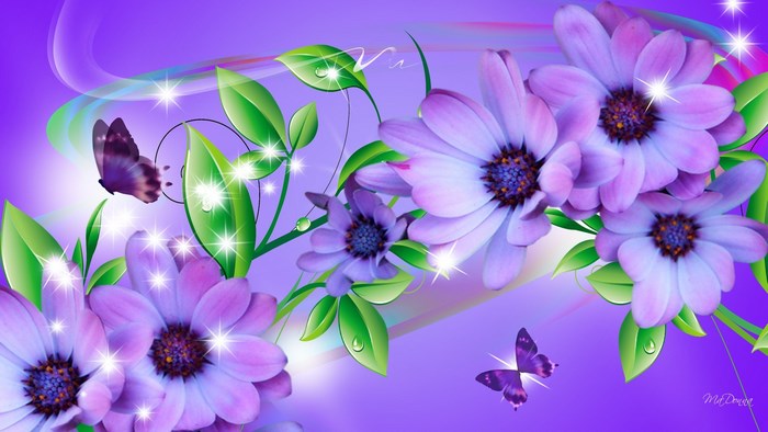 Purple flowers and butterflies with sparkling effects