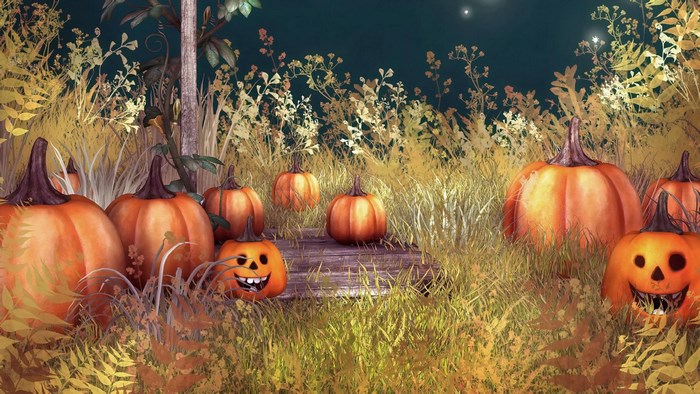 Halloween pumpkins in a field at night