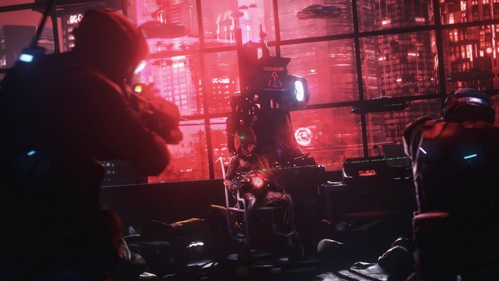 Cyberpunk scene with soldiers and captive