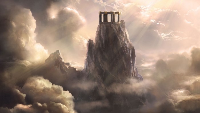 Mountain peak with temple ruins in clouds