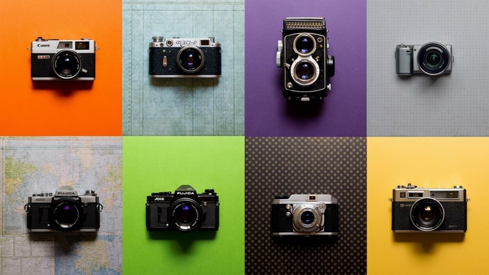 Collection of vintage and modern cameras