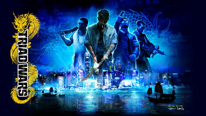 Triad Wars game art with four men and city skyline