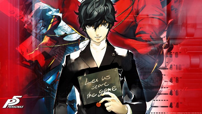 Joker from Persona 5 holding a sign
