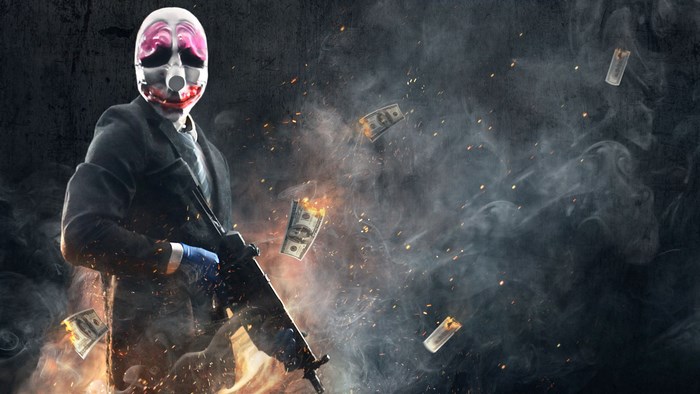 Payday 2 game character with mask and gun