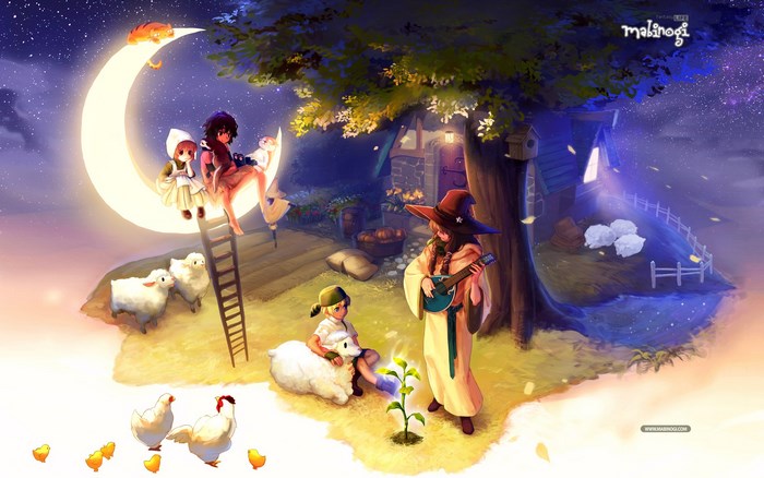 Mabinogi game characters on a crescent moon
