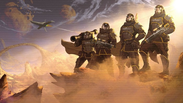 Futuristic Soldiers on Alien Desert Battlefield Helldivers