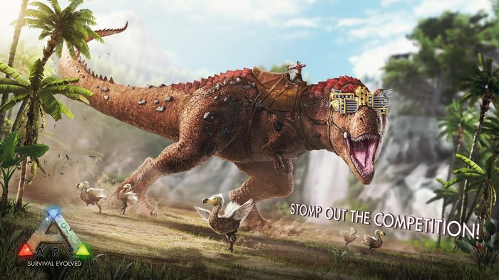 Tyrannosaurus Rex Running with Birds and Rider