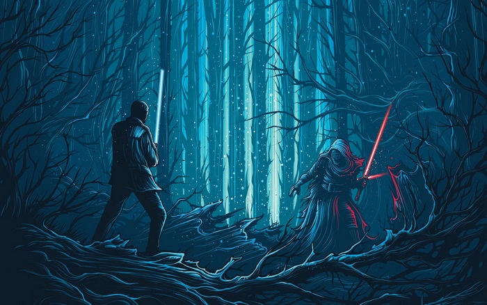 Star Wars characters fighting in a forest