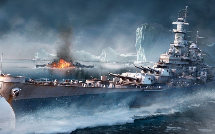 Battleships in Arctic waters with one ship on fire