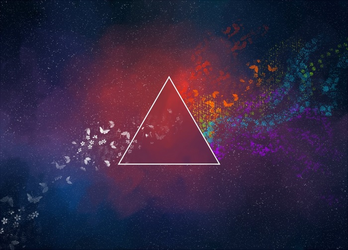 Triangle with colorful cosmic dust and butterflies