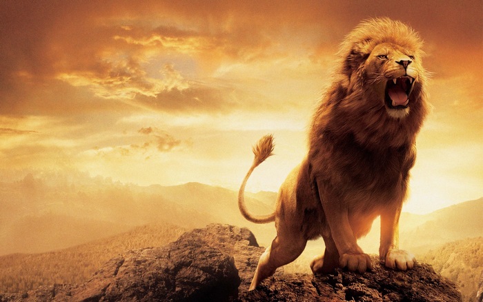 Aslan roaring on a rocky outcrop in Narnia