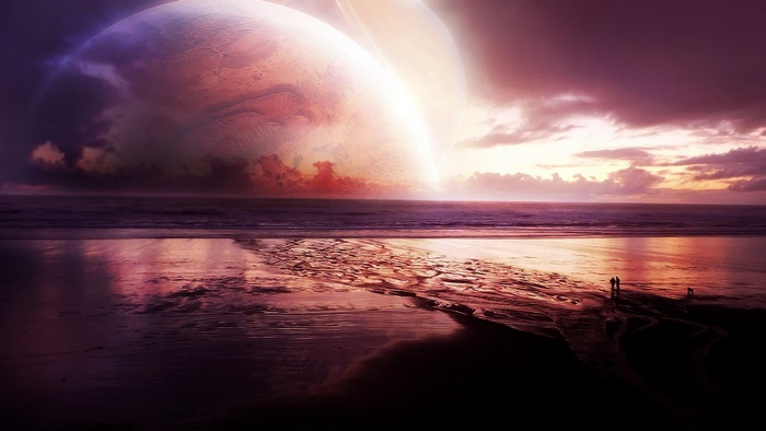 Digital universe with planets over a beach at sunset