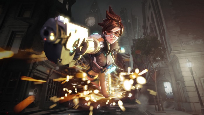 Tracer from Overwatch firing her pistols in King's Row