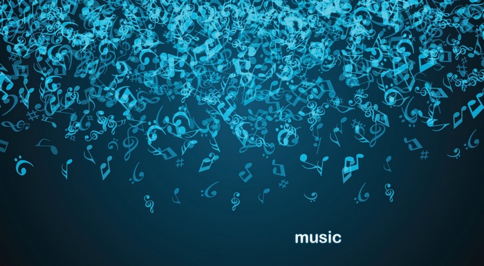Blue musical notes scattered on a dark background