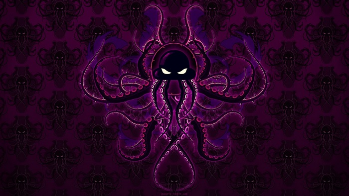 Dark Octopus with Glowing Eyes on Purple Background