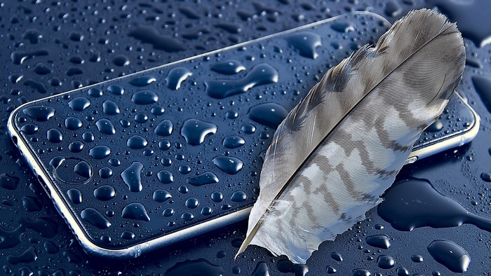 Smartphone with water drops and feather