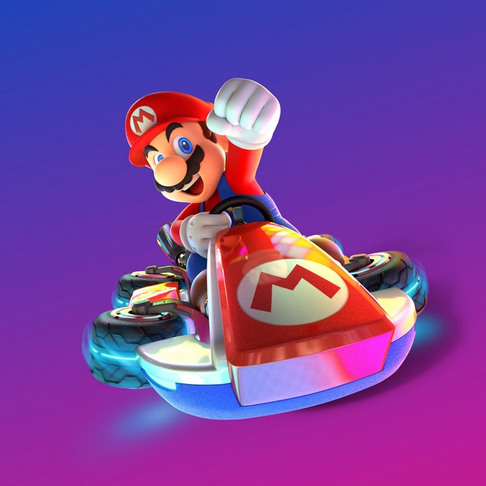 Mario from Mario Kart driving a kart
