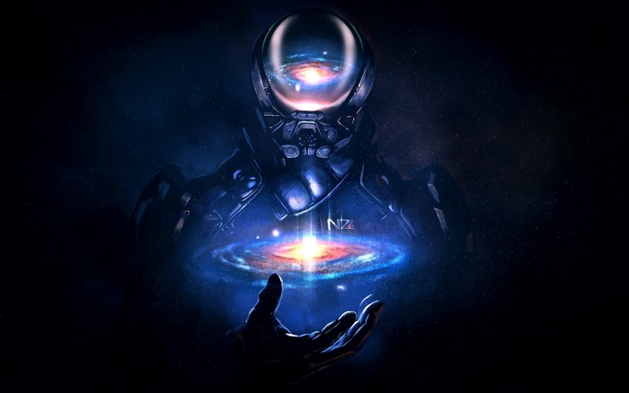 Mass Effect Andromeda character holding galaxies