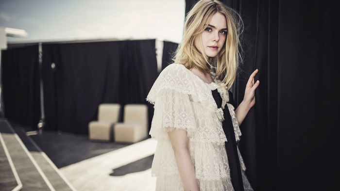 Elle Fanning in white lace dress