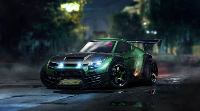 Green Rocket League car with spoiler on wet road