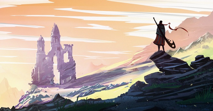 Ruined castle and musician on a rocky outcrop at sunset