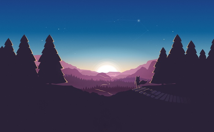 Forest landscape with sunrise and fox