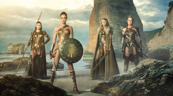 Wonder Woman and her Amazon sisters on a beach