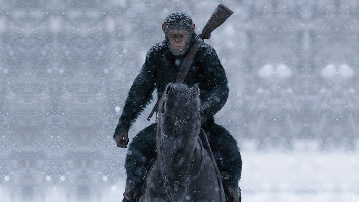 Caesar from Planet of the Apes on horseback in snow