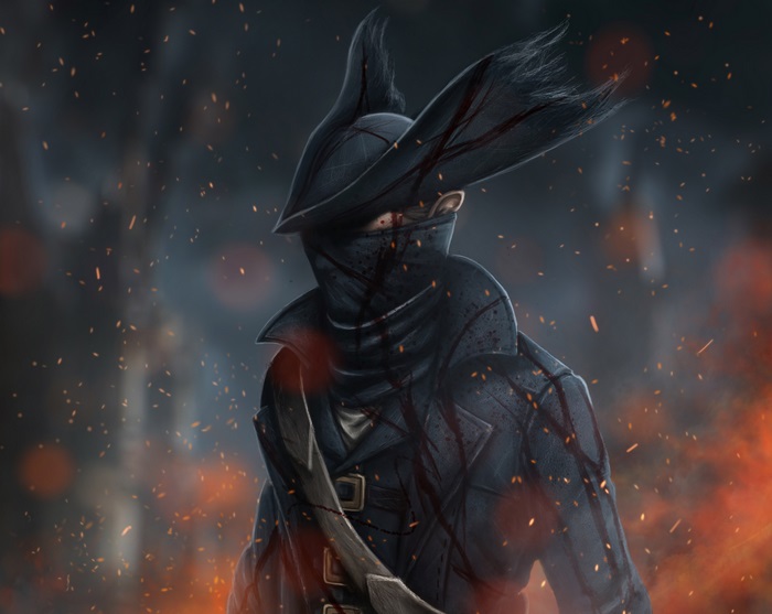 Hunter from Bloodborne with blood splatters
