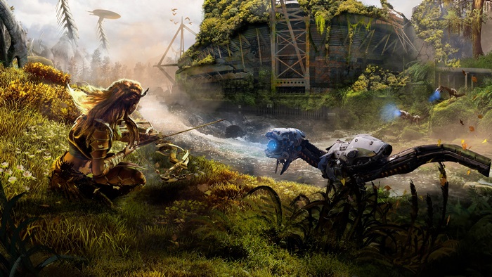 Aloy from Horizon Zero Dawn fighting a Watcher