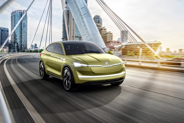 Skoda Vision E concept car on a bridge