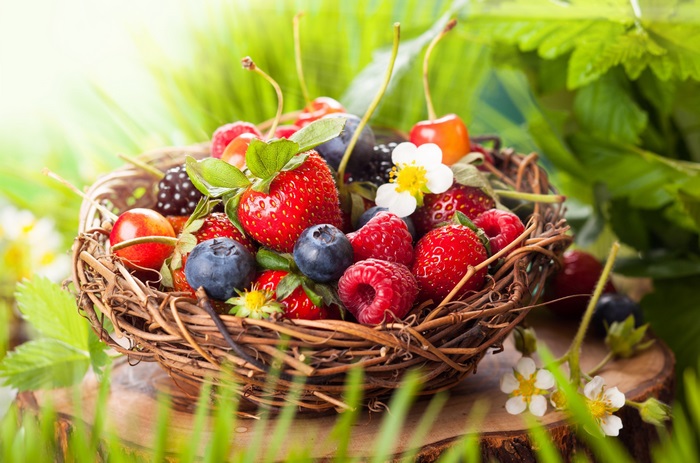 Basket of fresh berries and cherries
