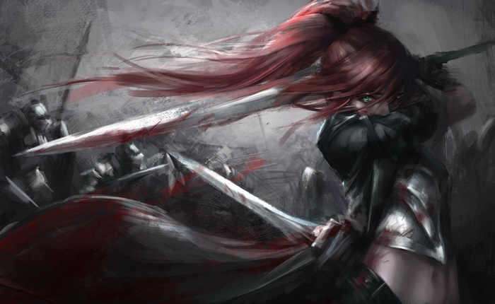 Woman warrior with red hair and swords in battle