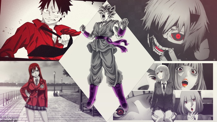Anime characters collage: Luffy, Goku, Erza, Kaneki, Prison School
