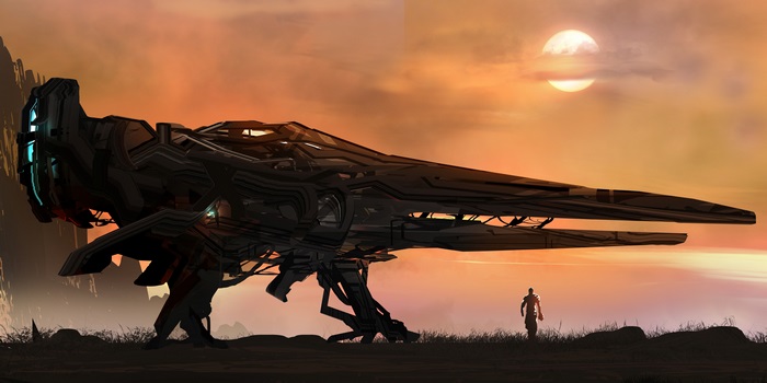 Spaceship on alien planet at sunset 4K