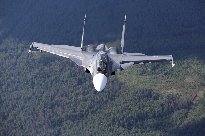 Sukhoi Su-30 fighter jet flying over forest