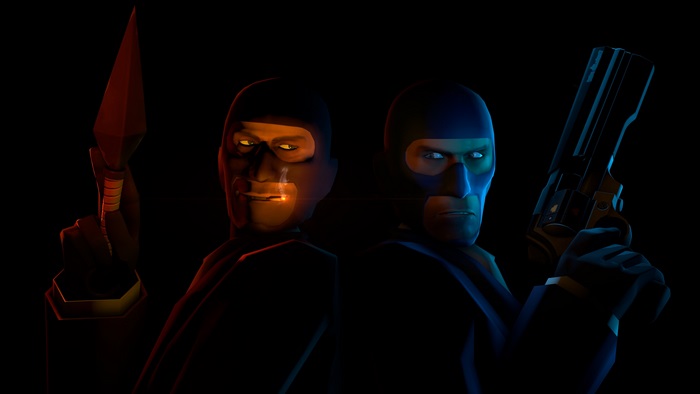 Two Spies from Team Fortress 2 with weapons