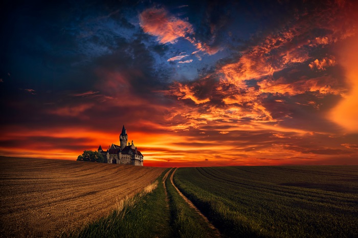 Castle on a hill during sunset