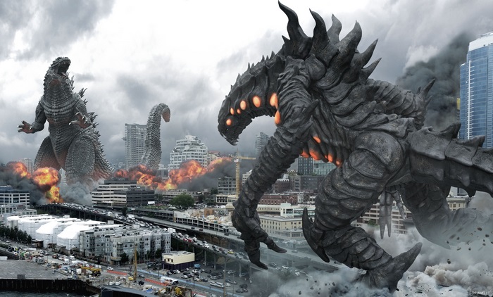 Godzilla and another monster in a city